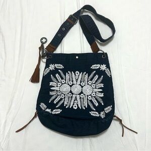 Lucky Brand Embroidered Denim Crossbody Bag with Tassels